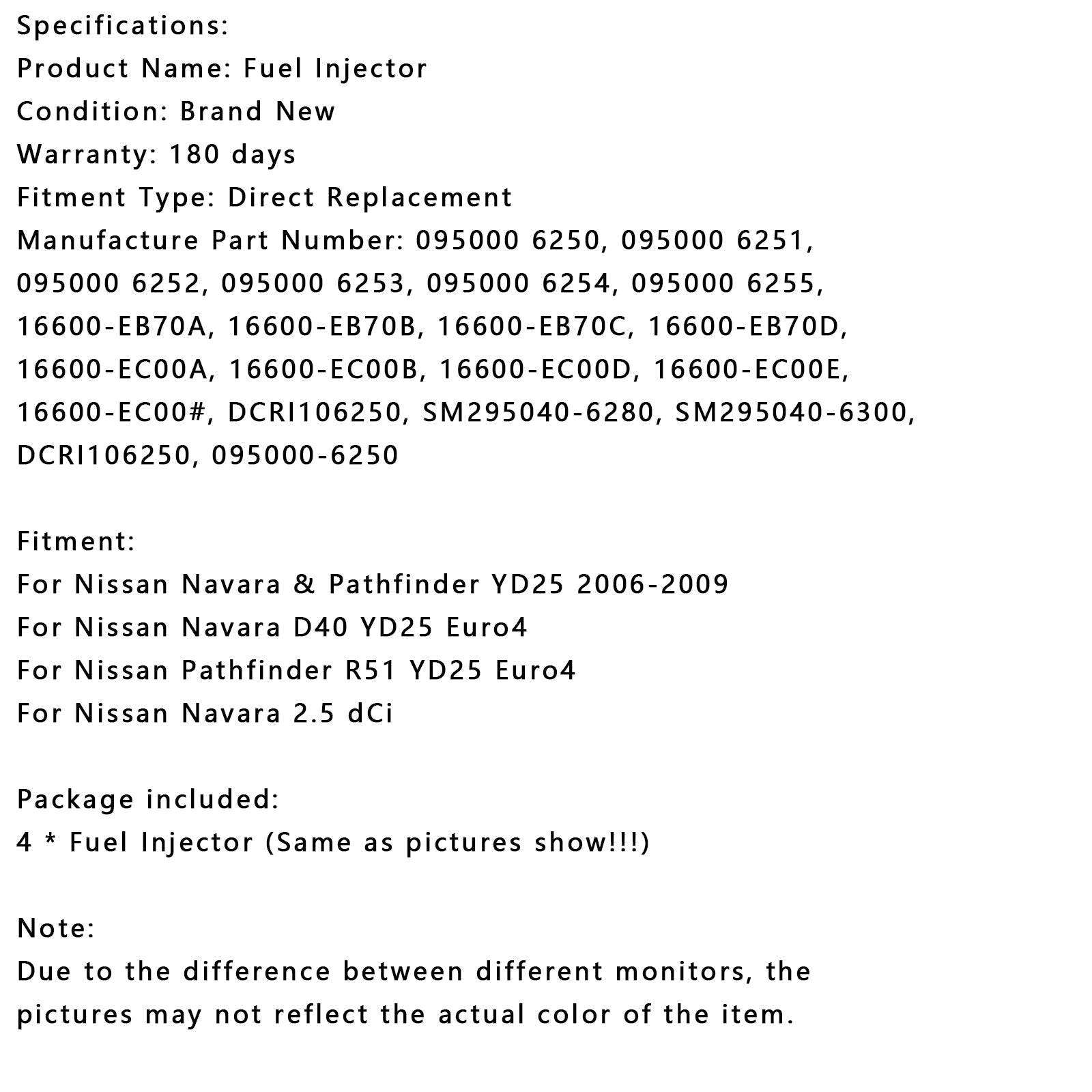 Inyector de combustible YD25 de 4 piezas para Nissan Navara y Pathfinder 2006-2009 16600-EB70A 095000-6250