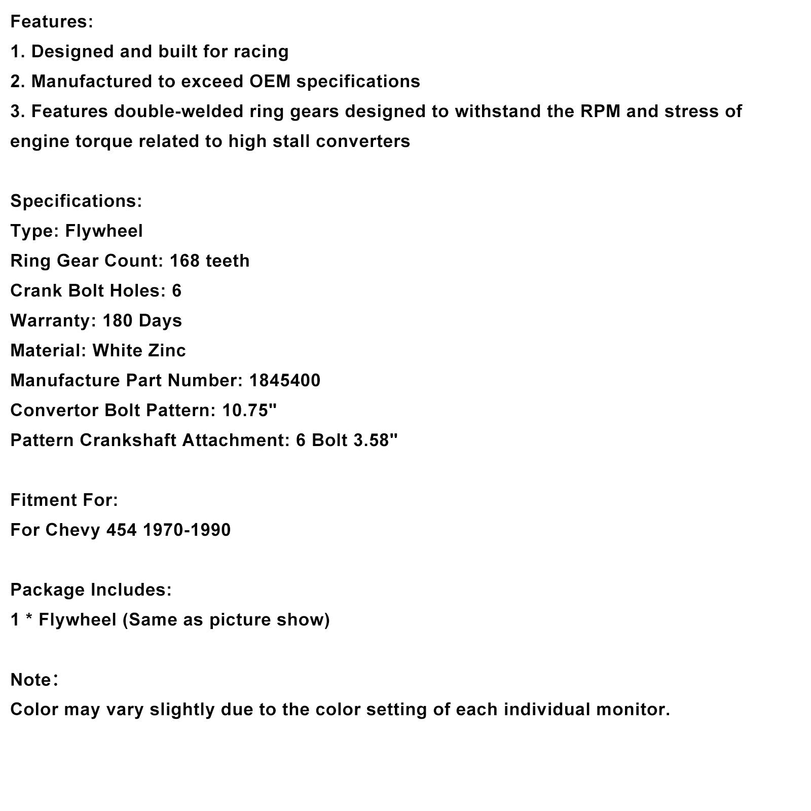 Volant moteur externe en acier zingué blanc 168 dents pour Chevy 454 (1970-1990) - Référence : 1845400