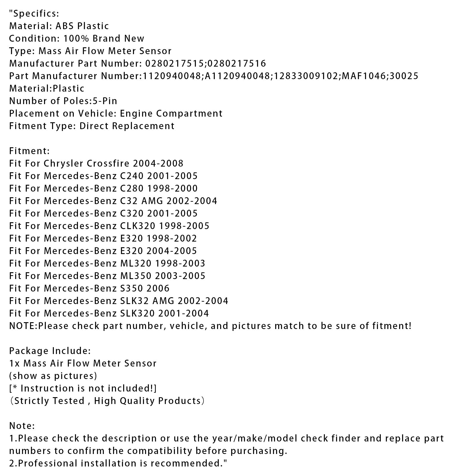 Virtausmittarin anturi d&#39;ilmamassamittari Mercedes-Benz ML320 E320 C320:lle W208 0280217515