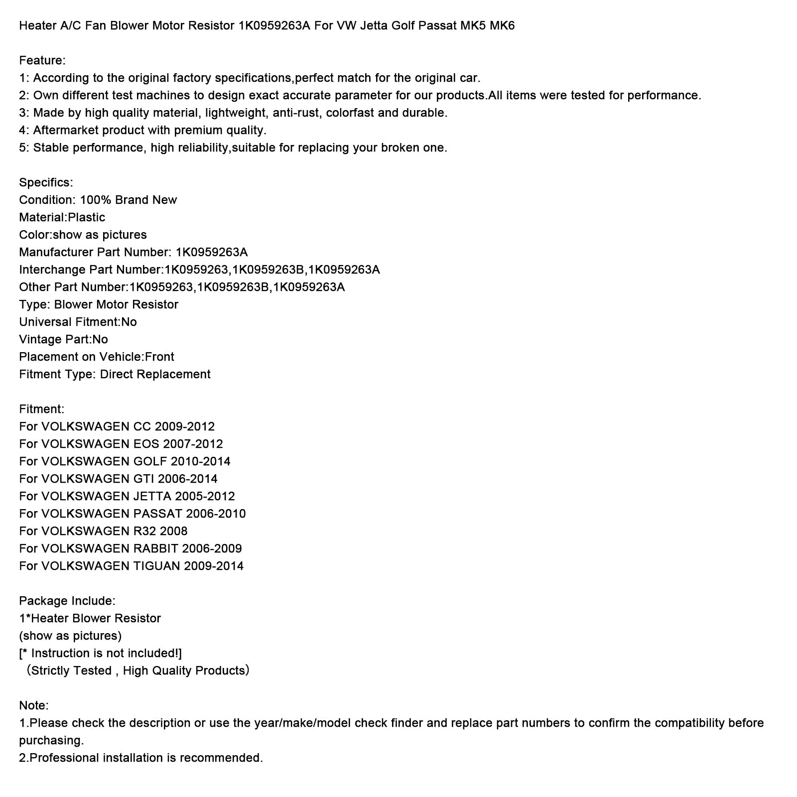 Résistance de moteur de ventilateur de chauffage A/C 1K0959263A pour VW Jetta Golf Passat MK5