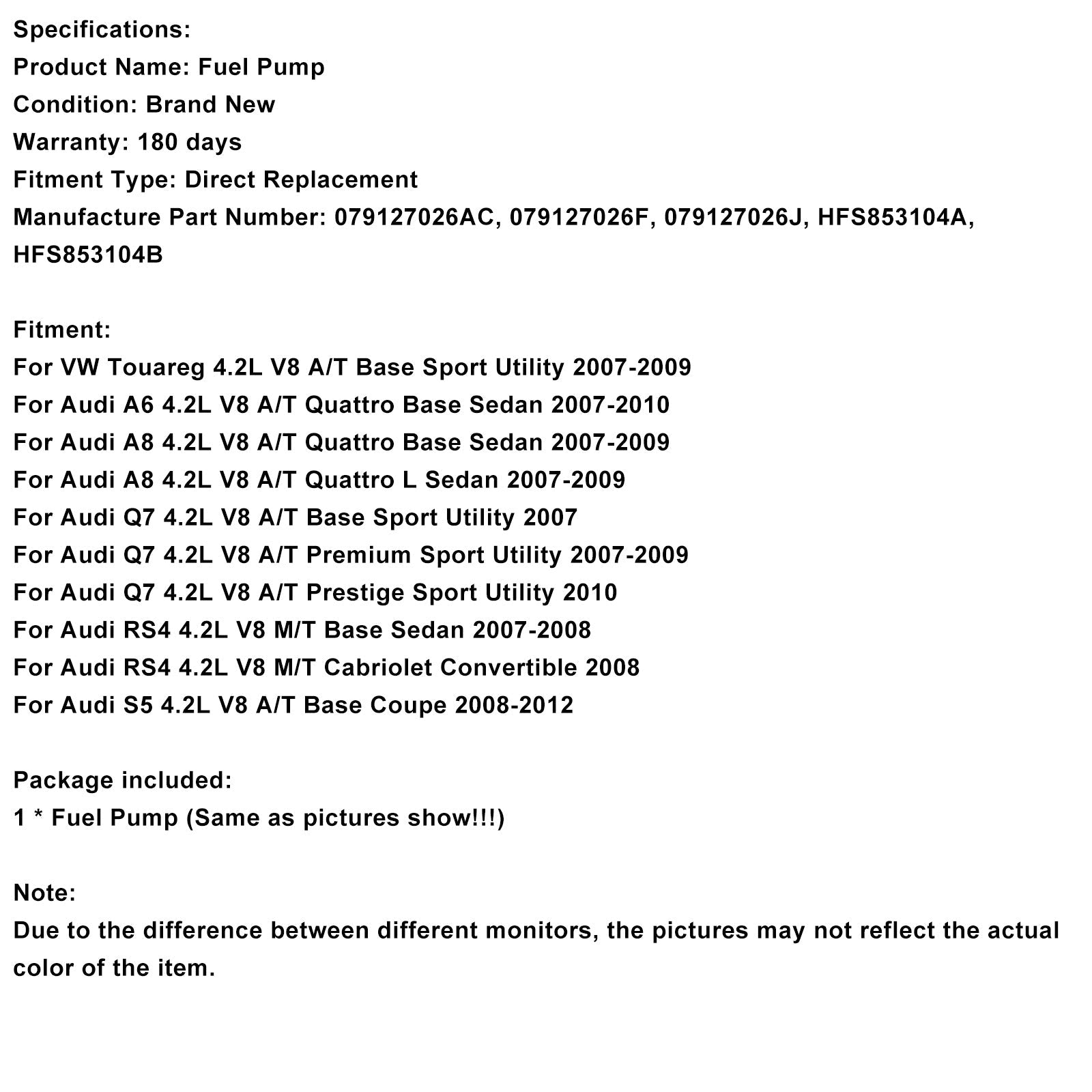 Pompe à carburant haute pression droite pour Audi A8 4.2L V8 A/T Quattro L Berline (2007-2009) - Référence : 079127026AC