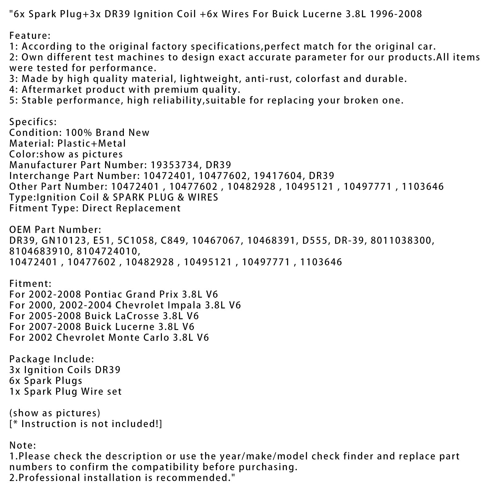 2000, 2002-2004 Chevrolet Impala 3.8L V6 6x bougies d'allumage + 3x bobines d'allumage DR39 + 6x fils 19353734 10472401
