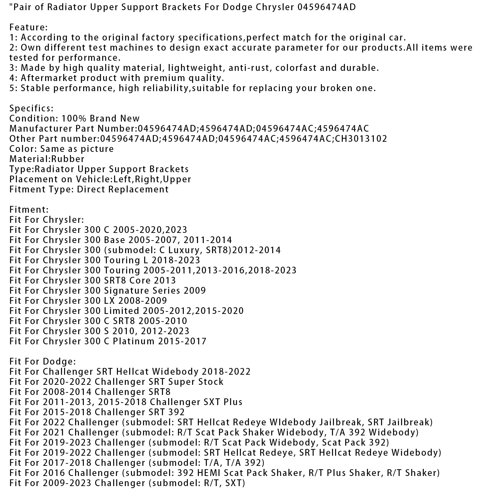 Pari jäähdyttimen ylätukea Dodge Chryslerille 04596474AD