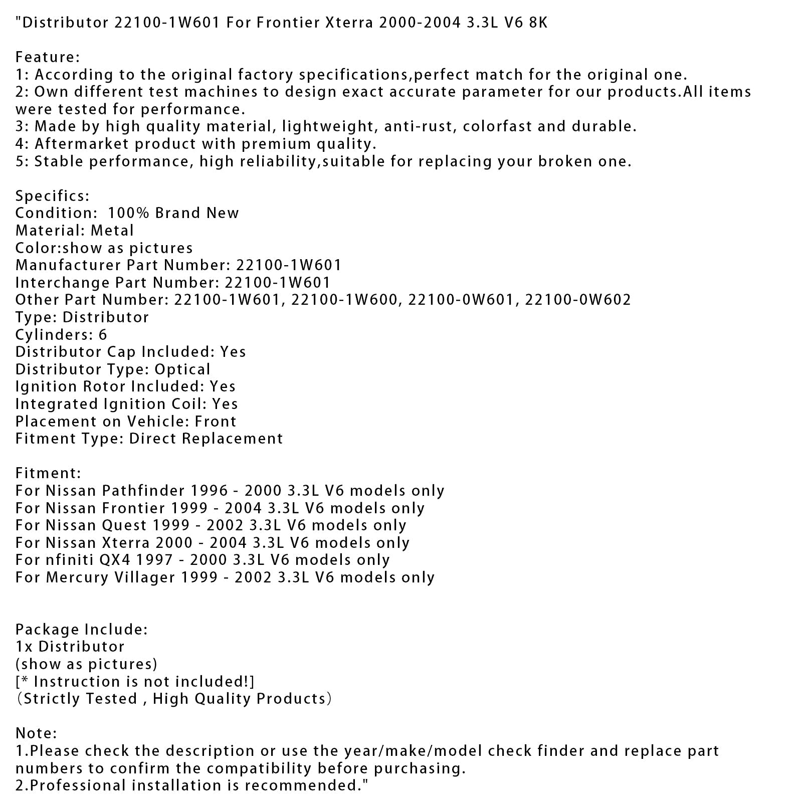 Modèles Mercury Villager 3,3 L V6 1999-2002 uniquement Distributeur 22100-1W601 22100-1W600