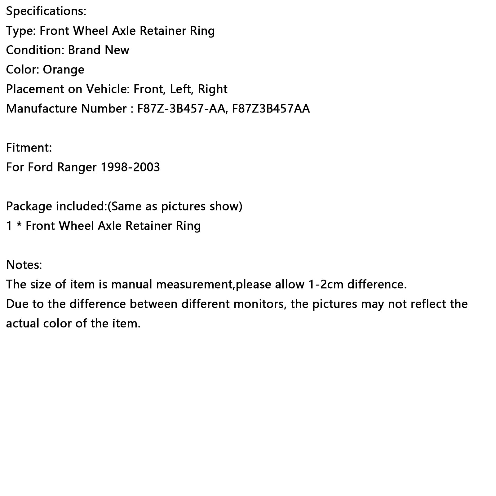 Bague de retenue d'essieu de roue avant, 1 pièce, pour Ford Ranger 1998-2003, F87Z-3B457-AA, F87Z3B457AA, générique