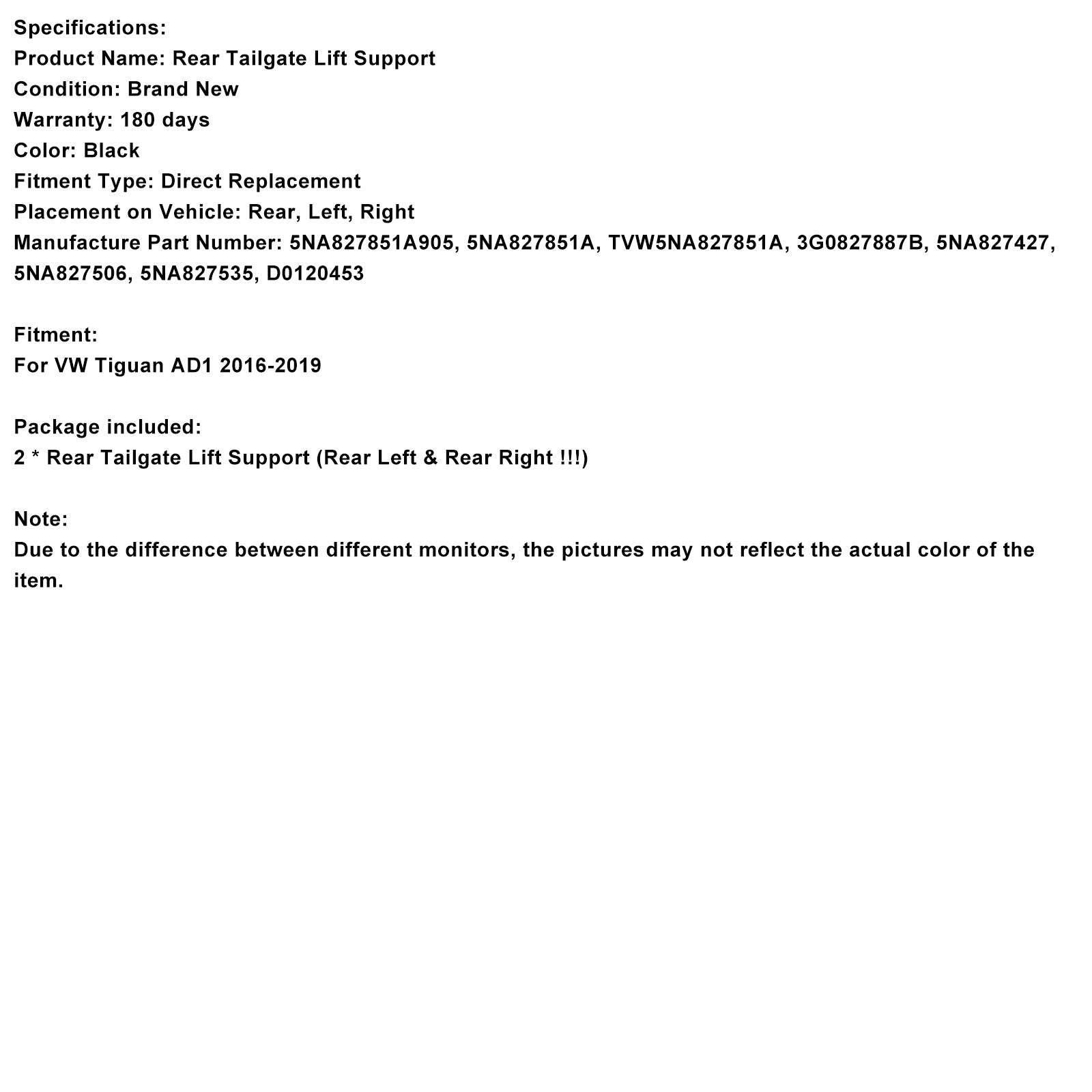 Vérin à gaz électrique de hayon arrière (2 pièces) pour VW Tiguan AD1 (2016-2019) NA827851A