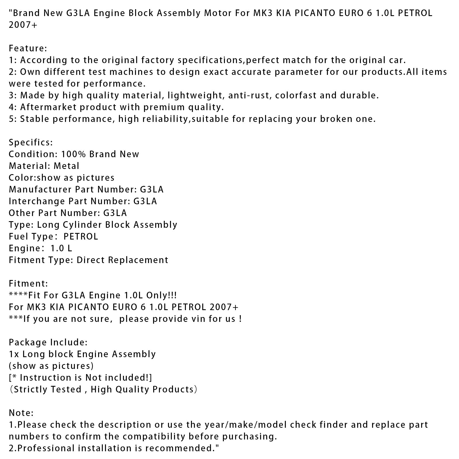 Nuevo bloque motor G3LA para KIA Picanto MK3 Euro 6 1.0L gasolina (desde 2007)