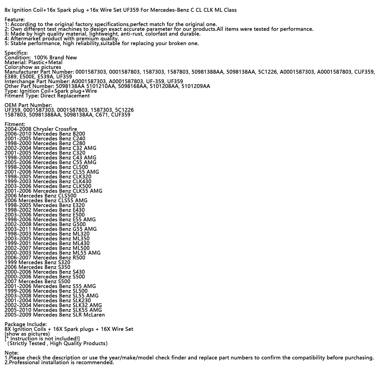 Mercedes-Benz G500 2002-2008 8 kiekkoa&#39;sytytys, 16 sytytystulppaa&#39;sytytys ja 16 johtoa (UF359 0001587303)