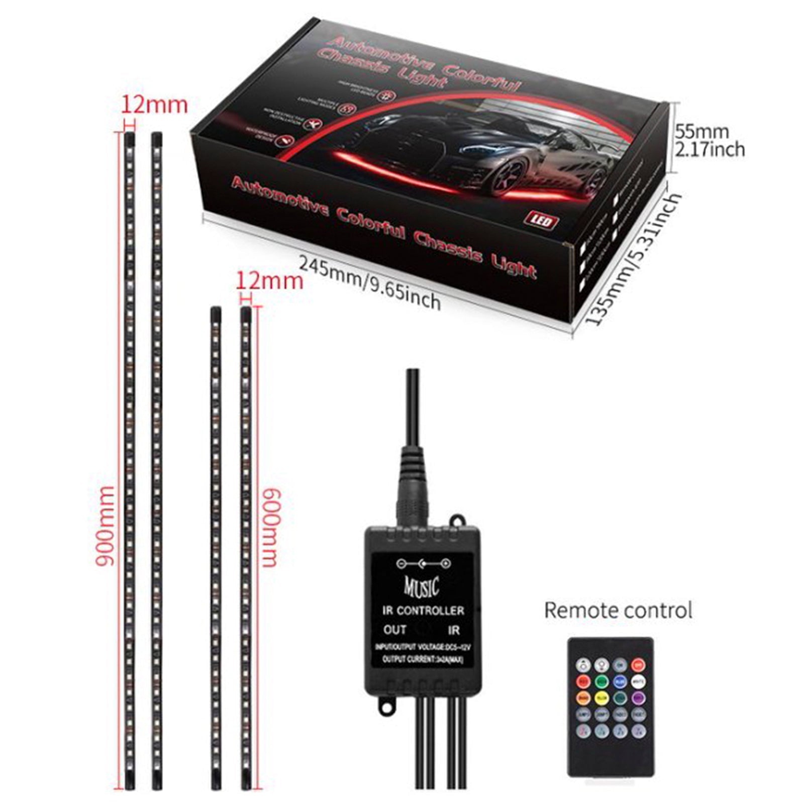 Set van 4 LED -lichten voor chassis, met een fantasietoepassing van omgevingslicht en afstandsbediening, 120 x 2 x 150 x 2 cm