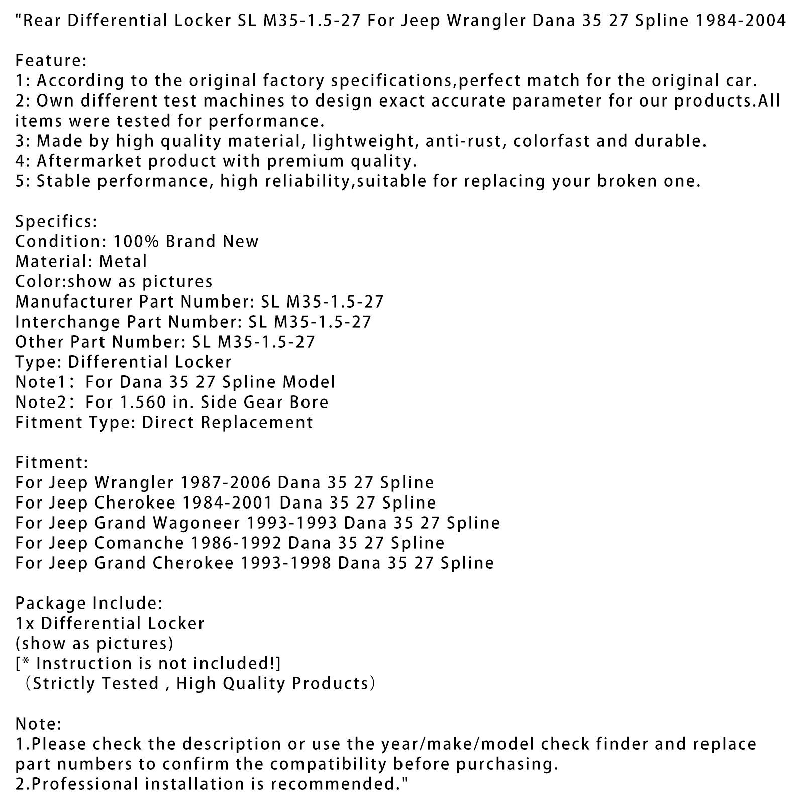 SL M35-1.5-27 Blocco differenziale posteriore per Jeep Wrangler Dana 37 Spline 84-04