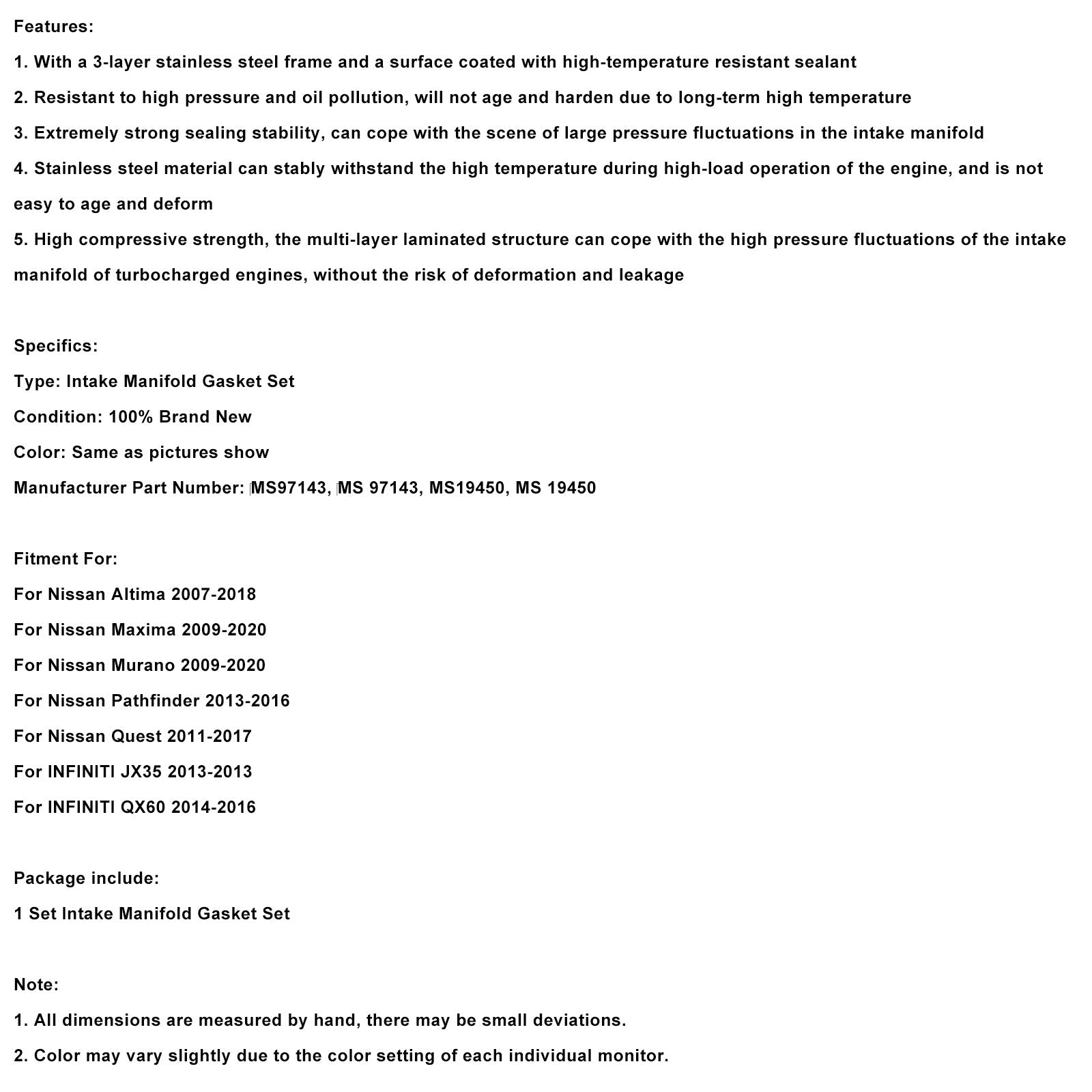 Kit de joints de collecteur d'admission MS97143 compatible avec Nissan Infiniti 3.5L V6 essence 2007-2024