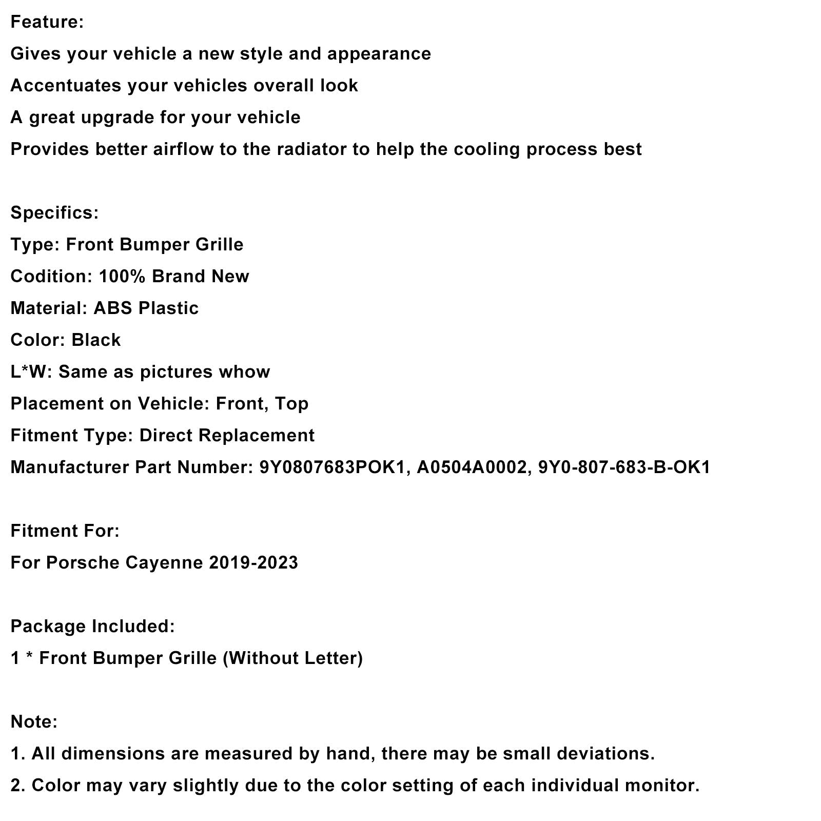 Črna maska ​​sprednjega odbijača 9Y0807683POK1 za Porsche Cayenne 2019-2023