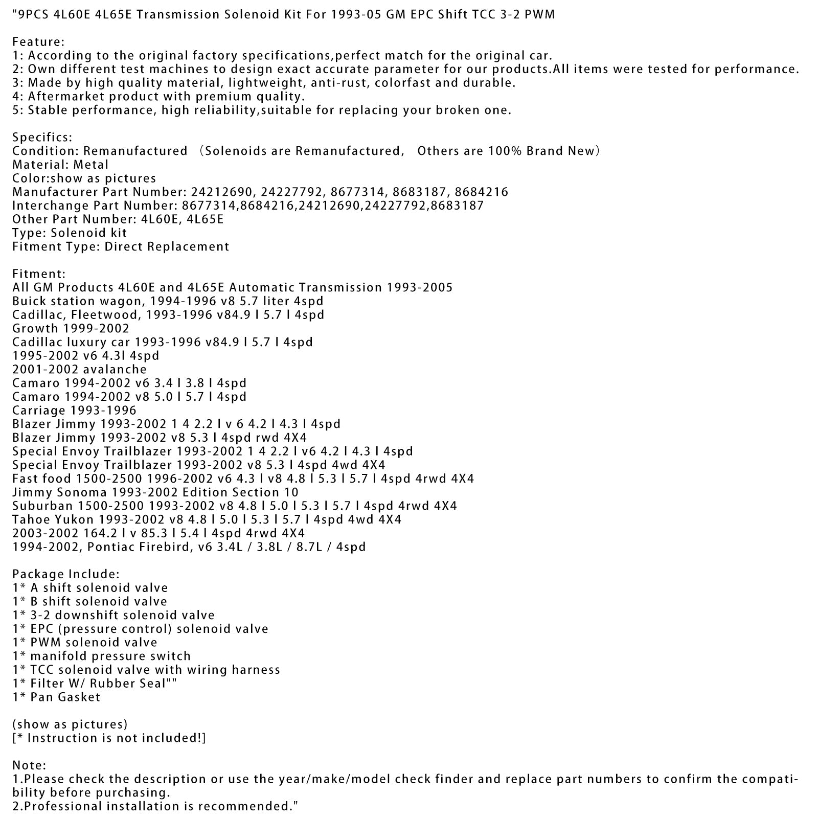 Kit de solenoide de transmisión de 9 piezas para transmisiones automáticas 4L60E y 4L65E de todos los productos GM 1993-2005 24212690