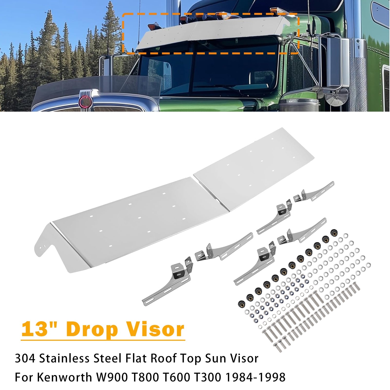 1984-1998 Pour Kenworth W900 T800 T600 T300 Pare-soleil de toit plat abaissé de 13 pouces