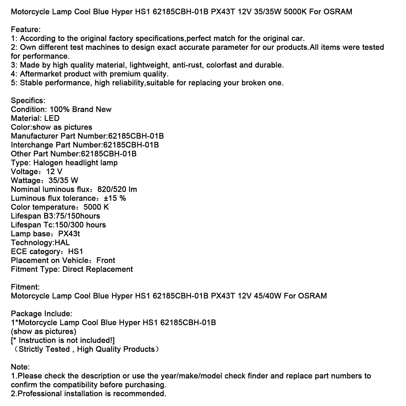 Coole blauw blauw hyper HS1 62185CBH-01B PX43T 12 V 35/35 W voor Osram