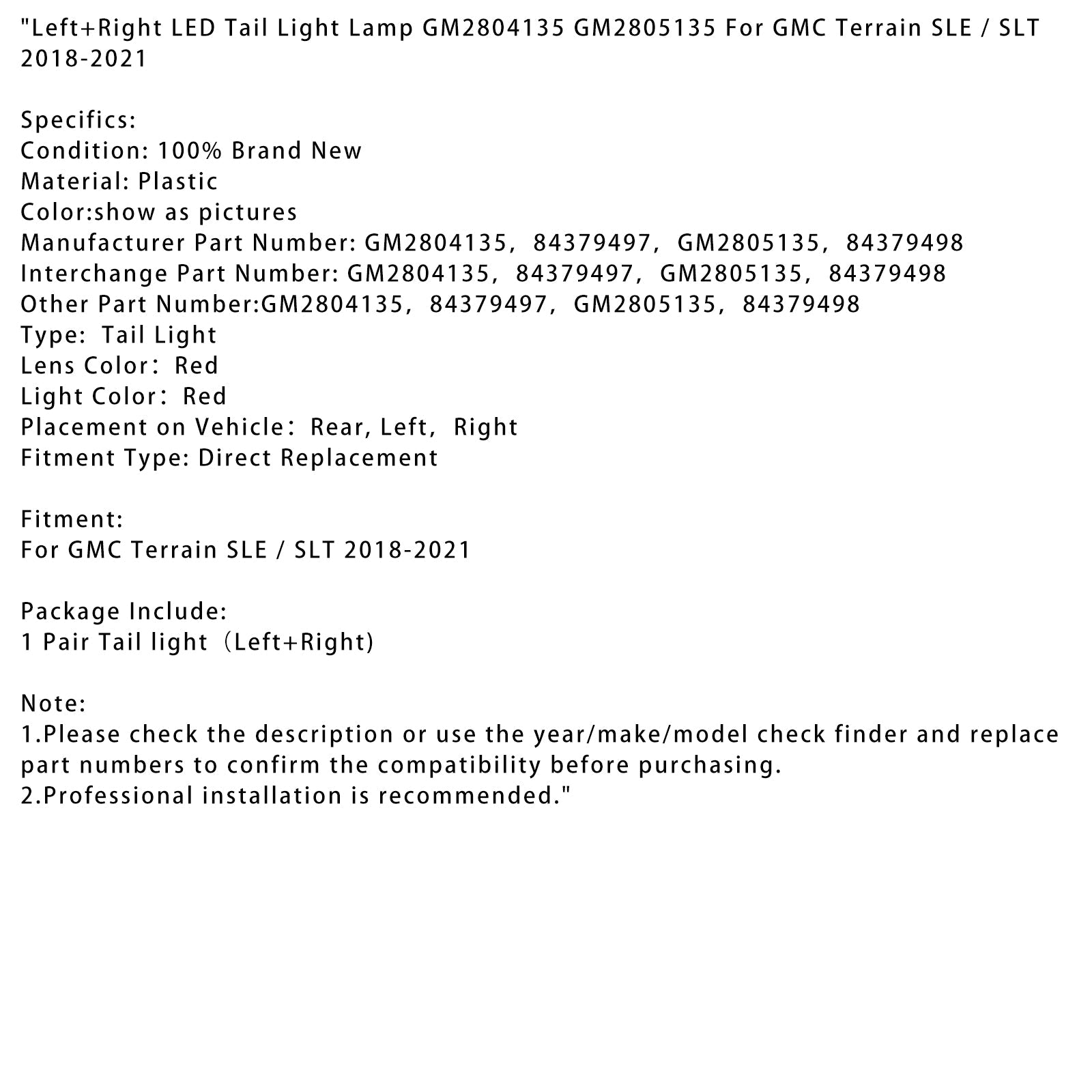 Achterlicht naar LED-links en rechts voor GMC Terrain SLE/SLT 2018-2021 GM2804135 5135