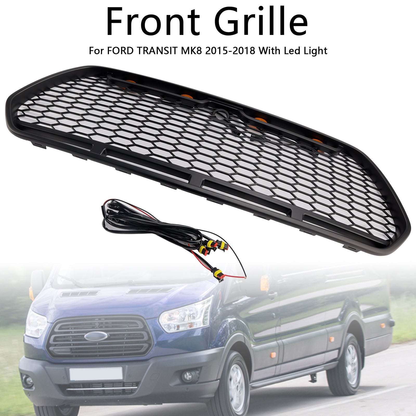 Mate de la cuadrícula delantero negro con LED para Ford Transit Mk8 Raptor 2015-2018
