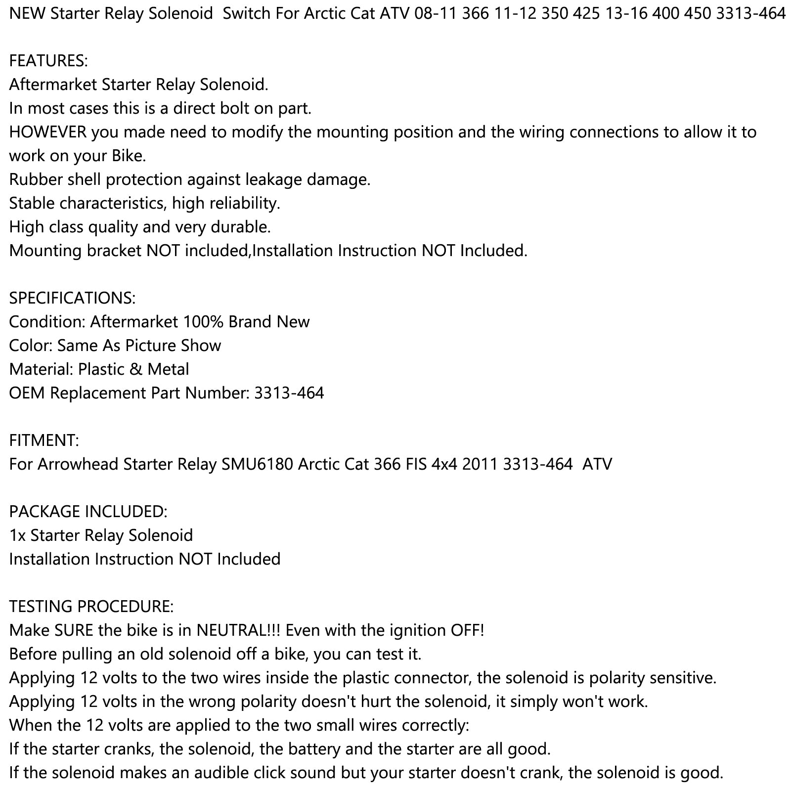 Starter Relay For Arctic Cat ATV 08-11 366 11-12 350 425 13-16 400 450 3313-464