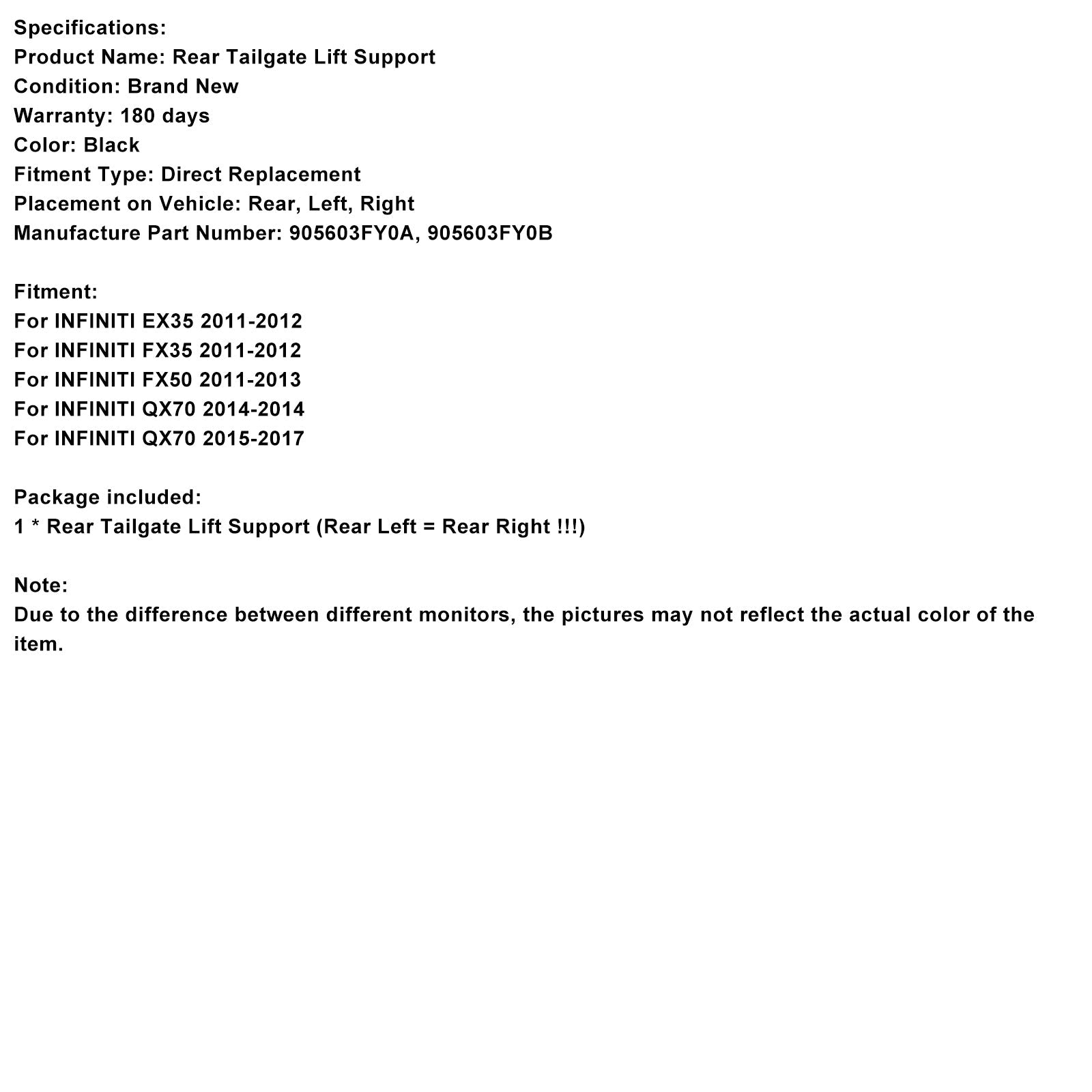 Ammortizzatore elettrico posteriore per portellone posteriore per INFINITI FX35 (2011-2012) - 1 pezzo - Codice articolo 905603FY0A