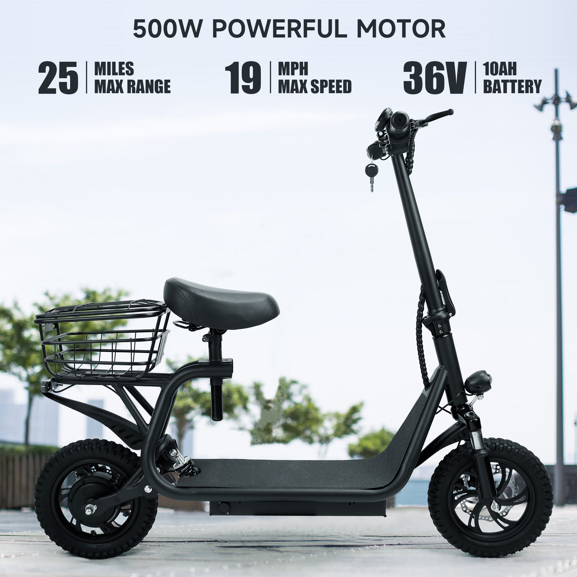Trottinette Électrique Pliable 500W 36V pour Adultes avec Panier Arrière Roues 12 Pouces Freins Avant et Arrière et Suspension