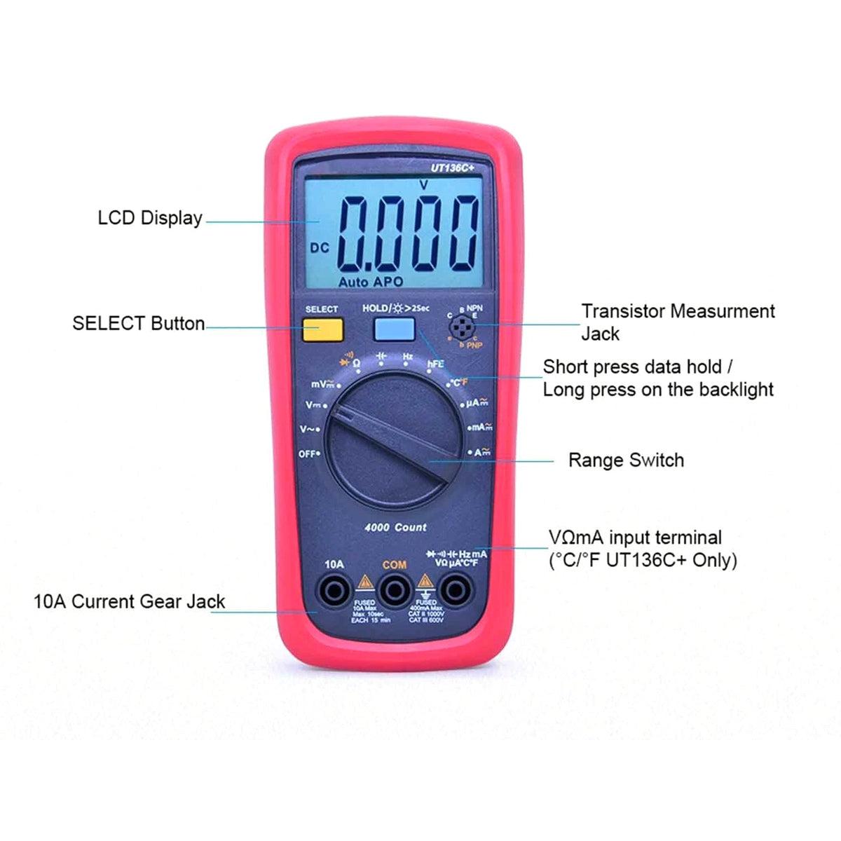 UT136C+ digitale multimeter: AC/DC-multimetertester, voltmeter, ampèremeter, ohmmeter