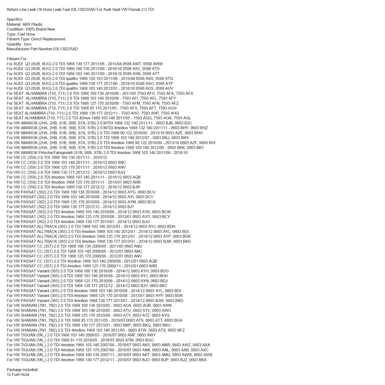 Tubo che perde'Ritorno olio, perdita carburante 03L130235AD per Audi, Seat, VW, Passat 2.0 TDI