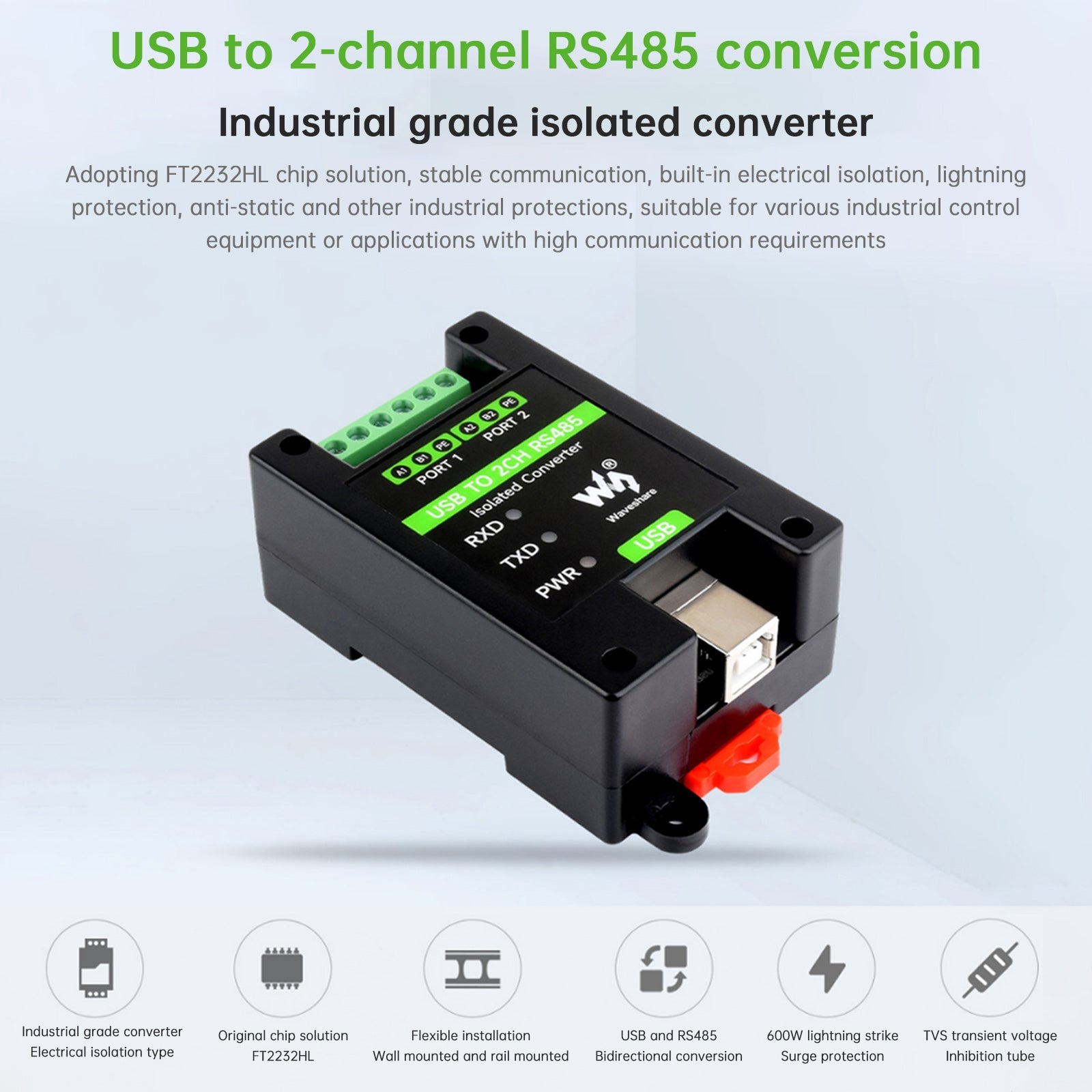 Installazione su binario di un convertitore industriale isolato da USB a porta seriale RS485 bidirezionale