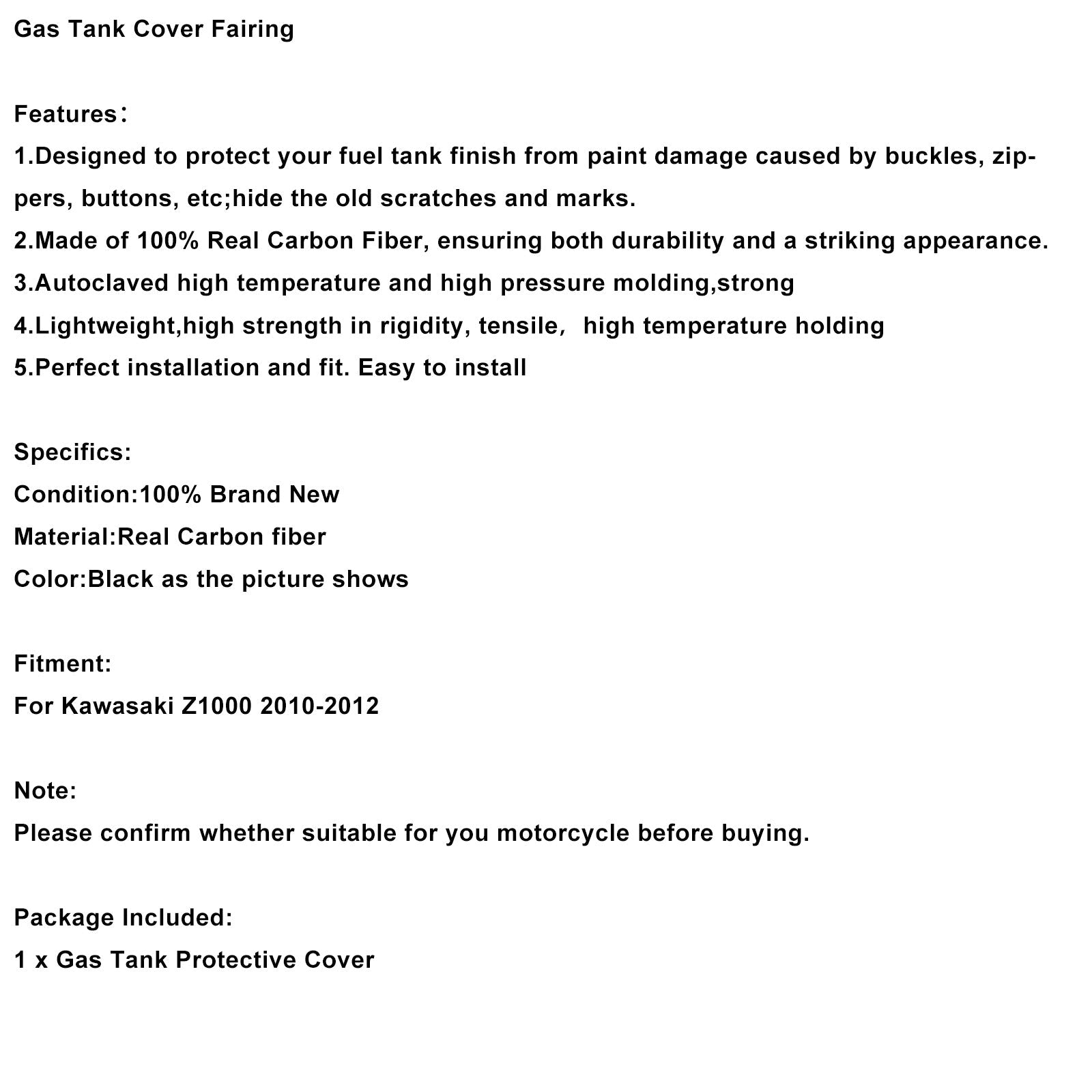 Carénage de réservoir en fibre de carbone véritable pour Kawasaki Z1000 (2010-2012)