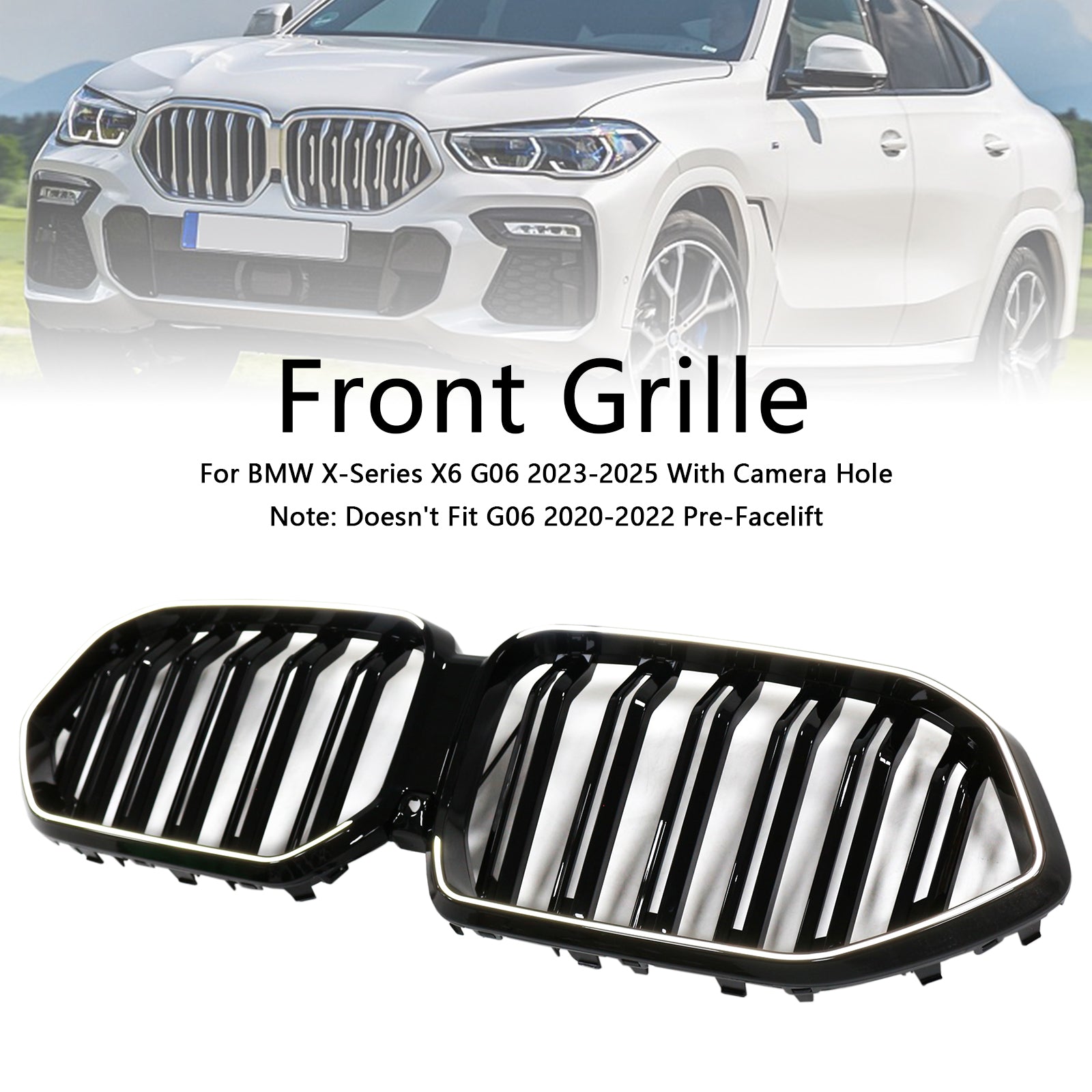 Griglia per paraurti anteriore con doppie strisce per BMW X6 G06 M60I 2023-2025 con Trou della fotocamera