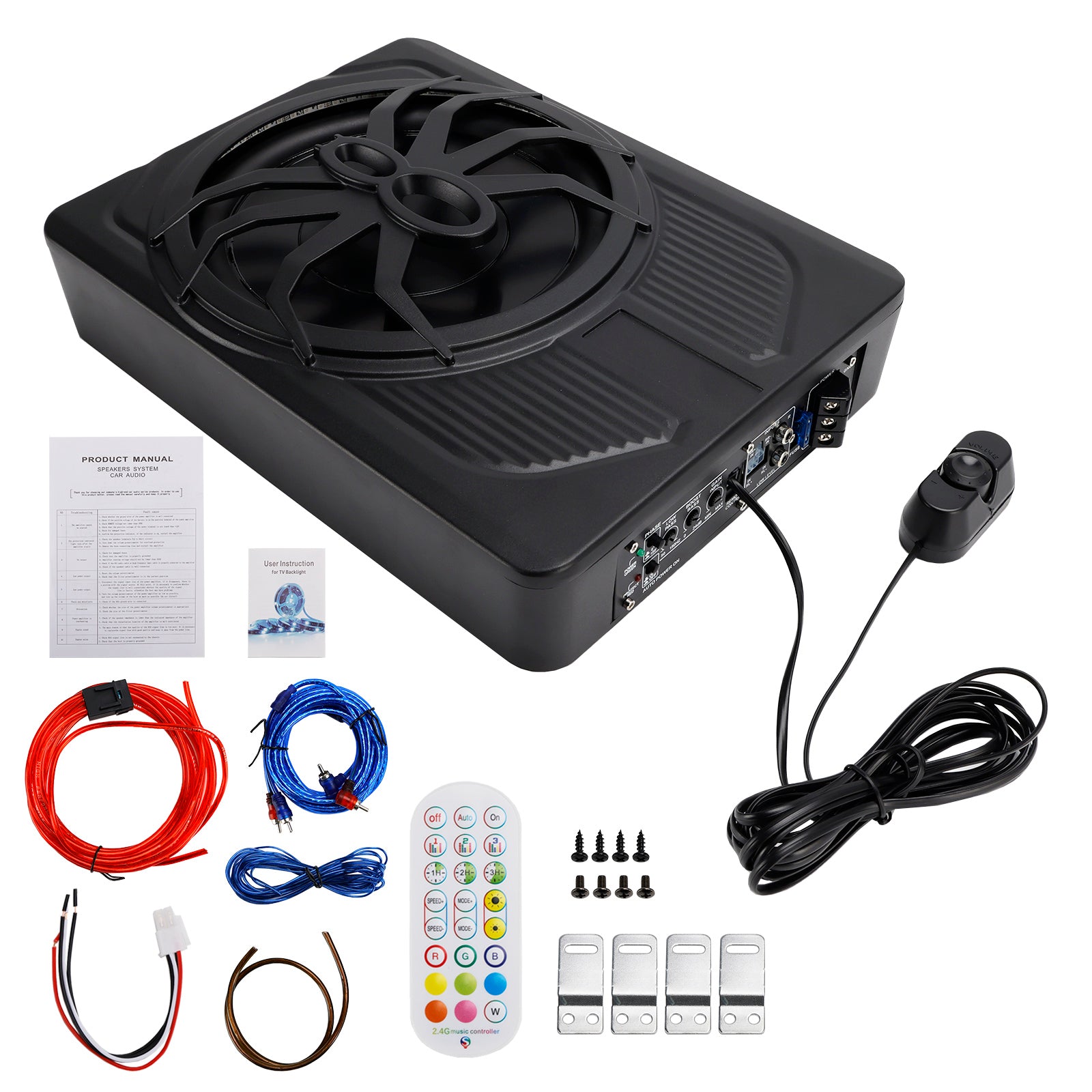 1200W Caisson de basses actif plat 10" 12V pour voiture, SUV et monospace, à installer sous le siège
