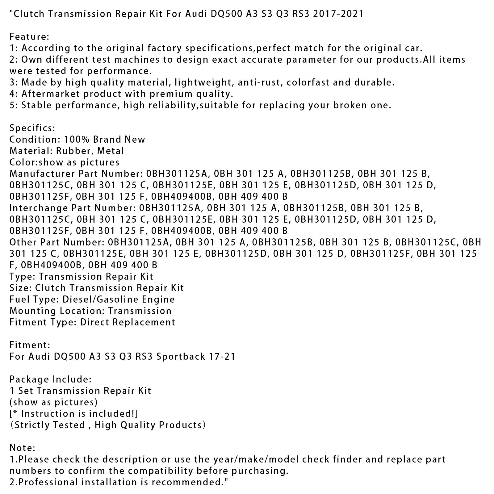 Kit di riparazione della frizione e della trasmissione per Audi DQ500 A3 S3 Q3 RS3 Sportback 2017-2021 0BH1125A 0BH1125E