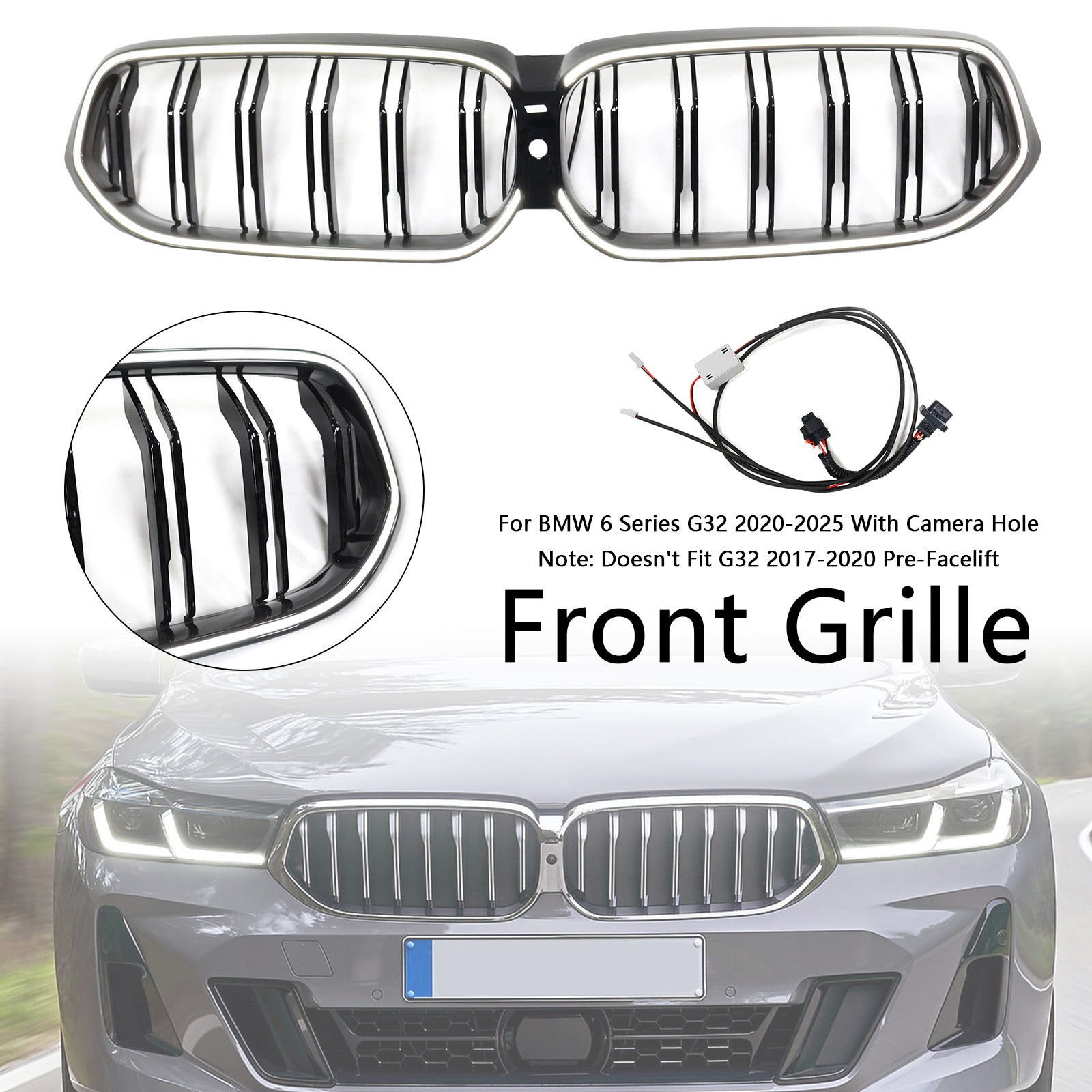 Grille de calandre avant noire à double lamelles pour BMW Série 6 G32 2020-2025