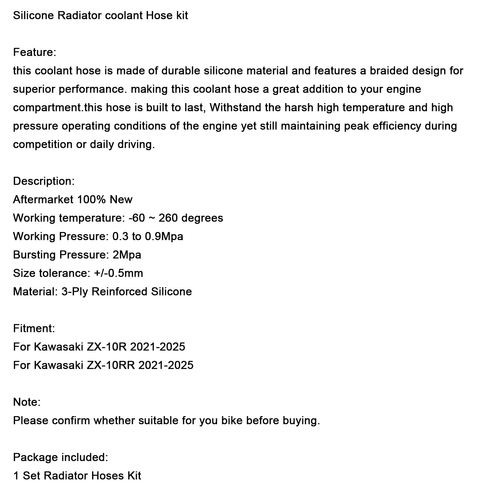 Durite de refroidissement en silicone pour radiateur Kawasaki ZX10R ZX-10RR (2021-2025)