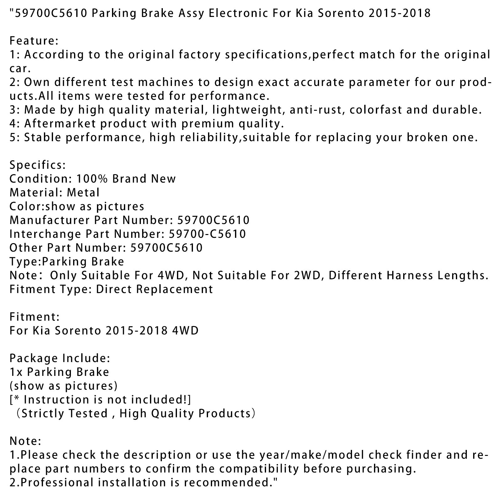 Frein de stationnement électronique 59700C5610 pour Kia Sorento 4x4 (2015-2018)