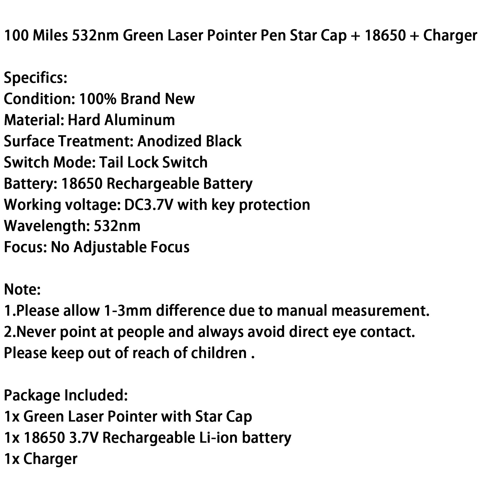 Penna puntatore laser verde militare da 100 miglia 532 nm, raggio visibile, batteria, cappuccio a stella