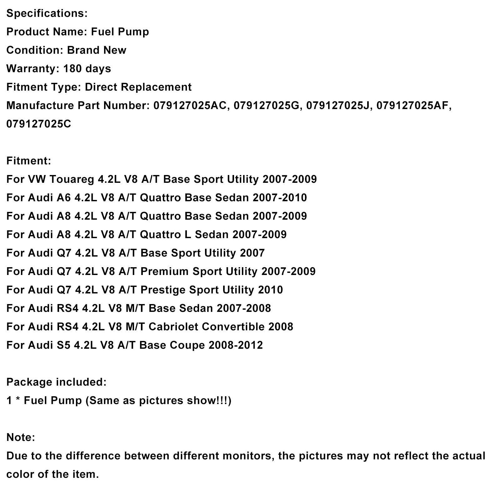 Pompe à carburant haute pression gauche 079127025AC pour Audi A6 4.2L V8 A/T Quattro Berline de base (2007-2010).