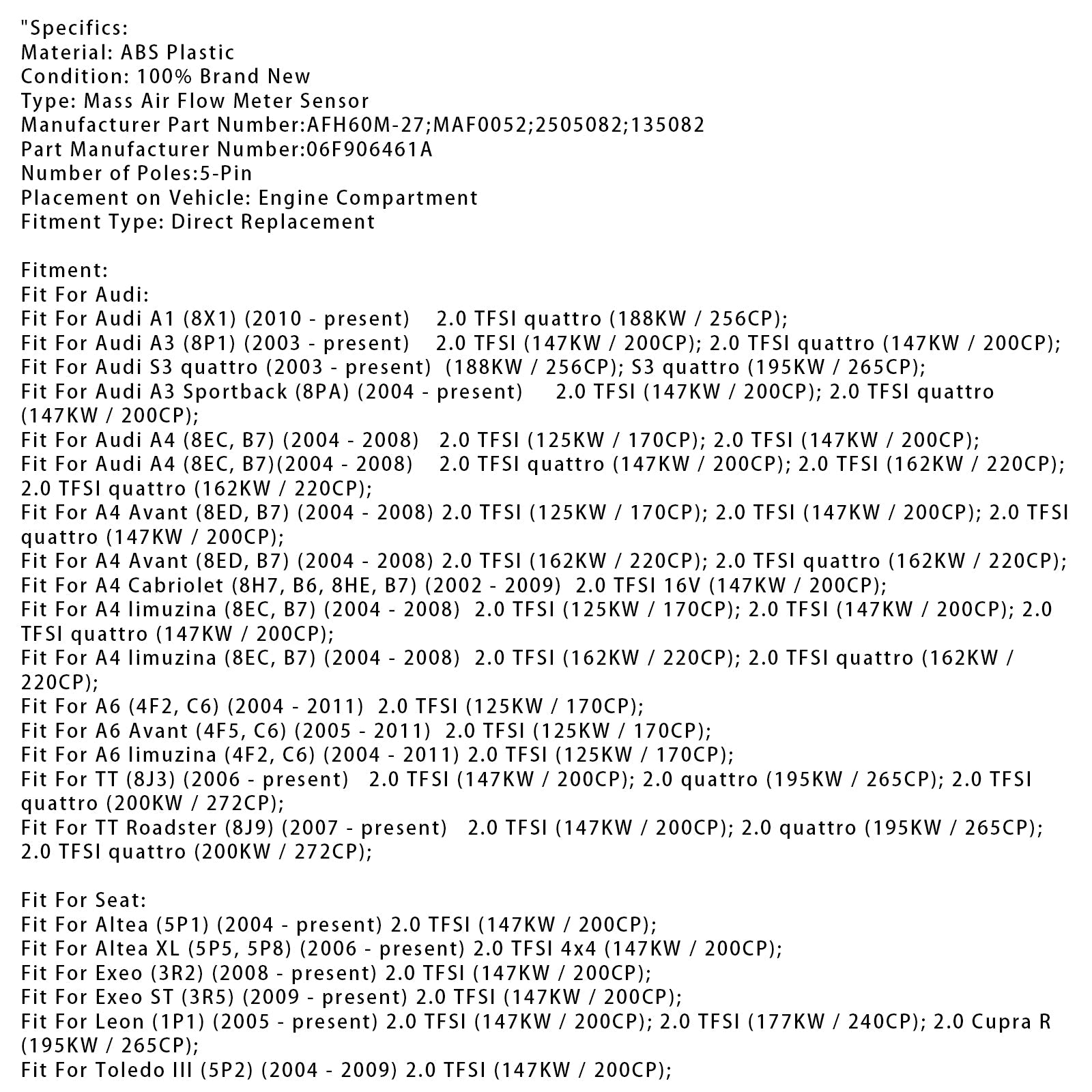Senzor merilnika pretoka d'zračna masa za Audi A4 B7 S3 TT VW Golf GTI 2.0T 06F906461A