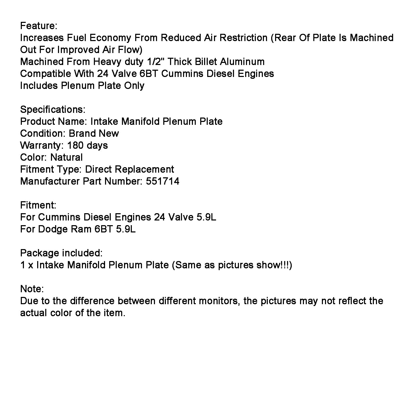 Plenum Pleque of Fourake Collector dla silników Diesla Cummin 24 zawory 5,9 L 24 V 551714