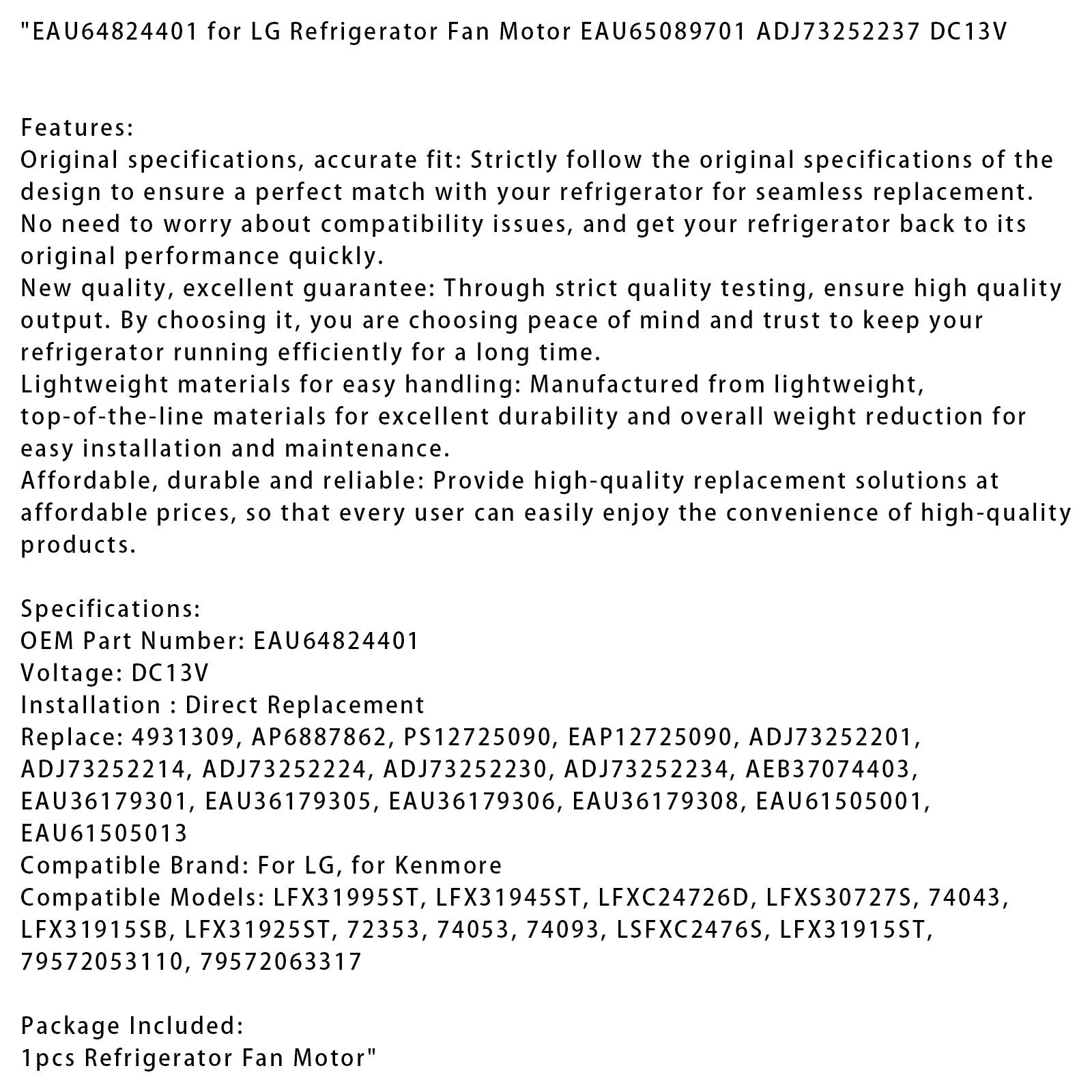 Moteur de ventilateur de réfrigérateur LG EAU64824401 EAU65089701 ADJ73252237 DC13V