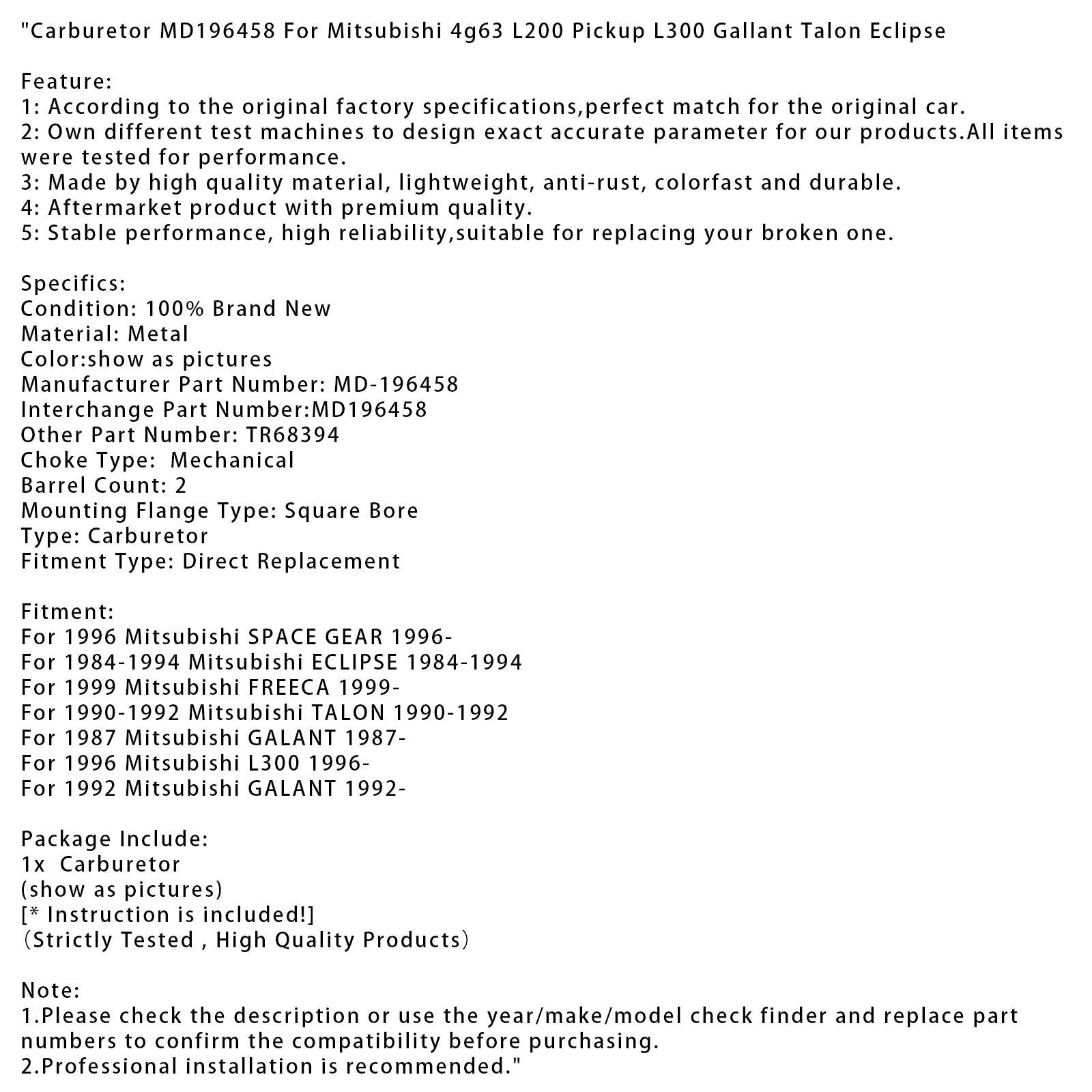 MITSUBISHI BARBARETOR MD196458 1990-1992