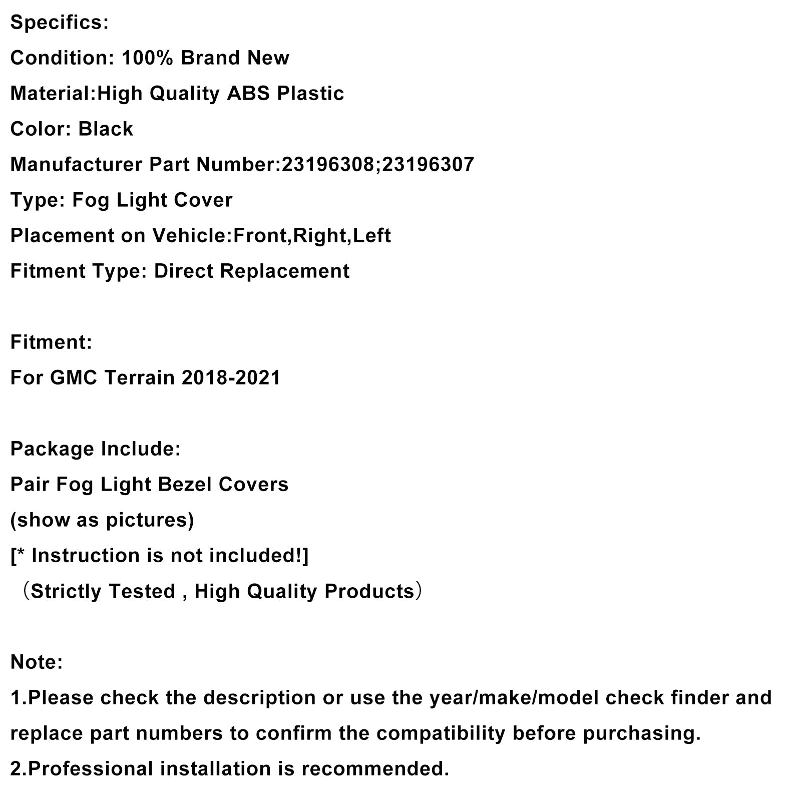 Paire de garnitures de phares antibrouillard avant pour GMC Terrain 2018-2021 23196308