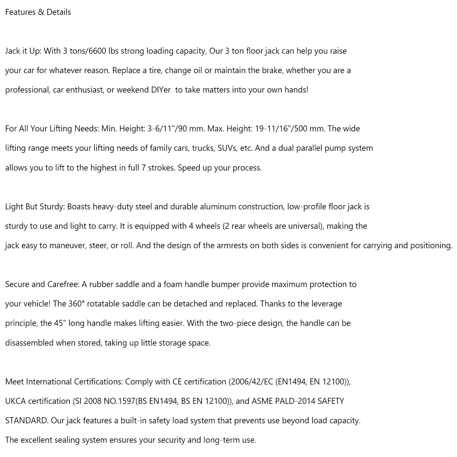 Cric de Sol 3 Tonnes en Acier Aluminium Double Piston Pompe de Levage Rapide  Pour Automobile et Voiture