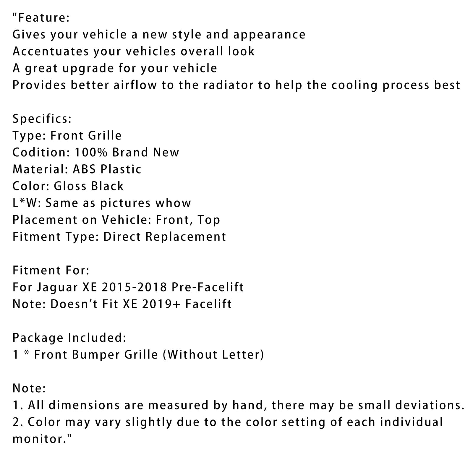 Etupuskurin ruudukko kiiltävässä mustassa hunajakennossa Jaguar XE: lle 2015-2018