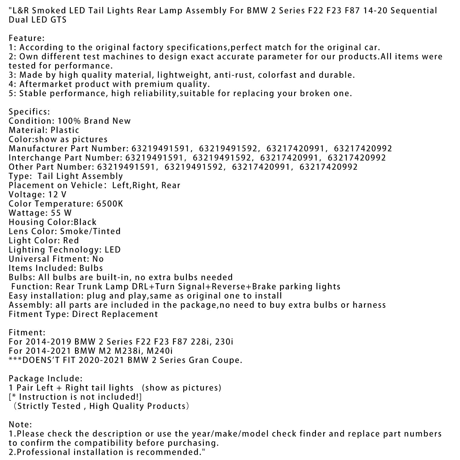 Set di LED posteriori L&R fumato per BMW 2 F22 F87 14-20