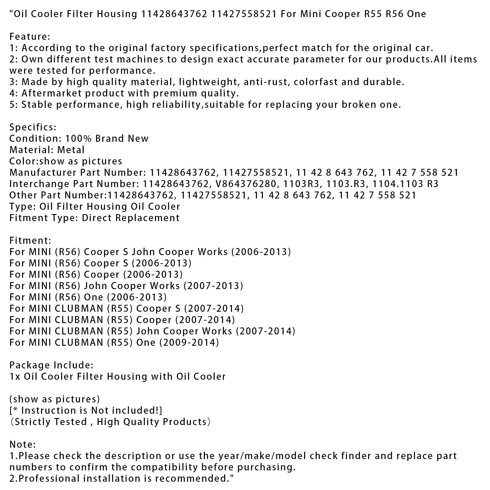 Boîtier de filtre de refroidisseur d'huile John Cooper Works pour MINI (R56) Cooper S 2006-2013 11428643762 11427558521