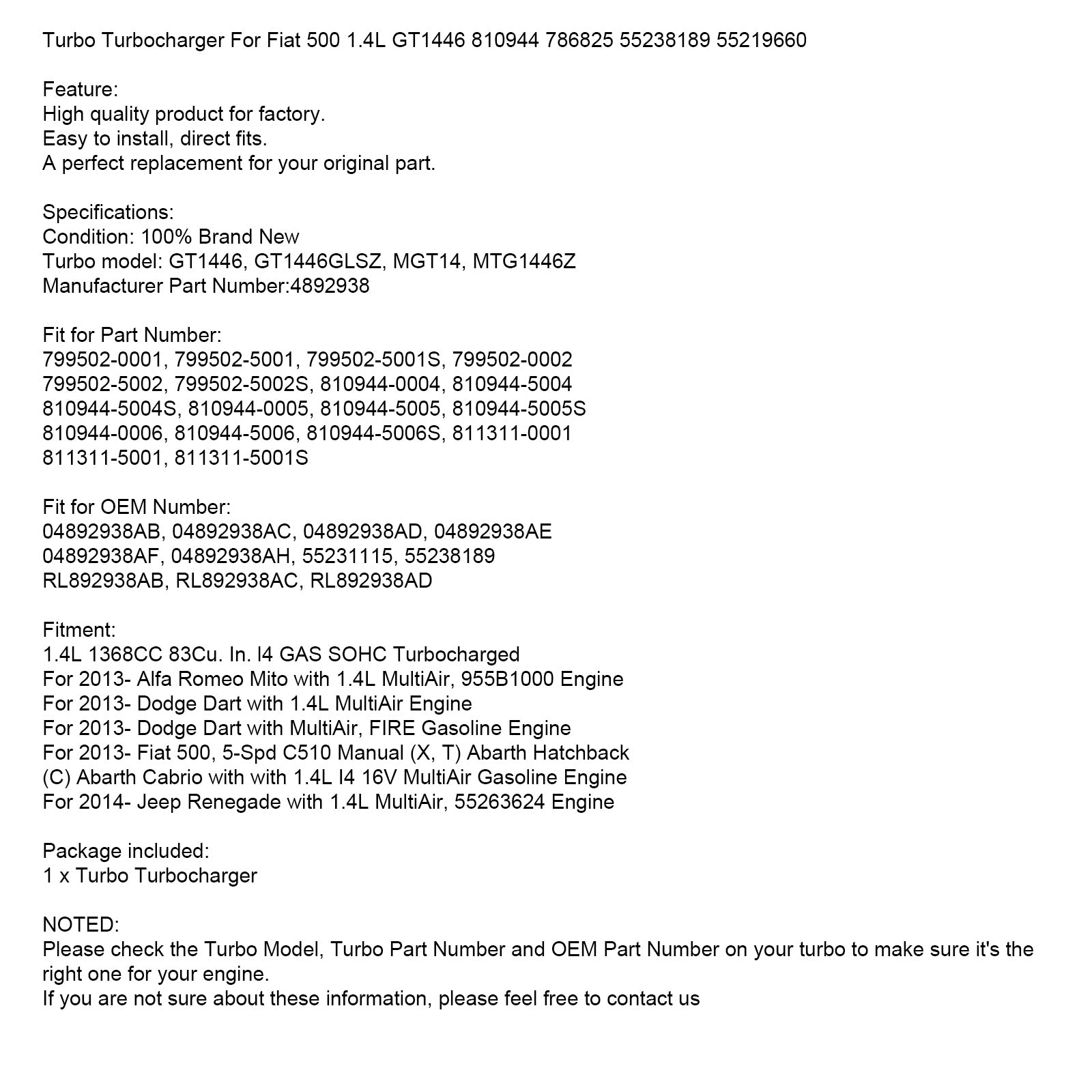 TurboCharger GT1446 Compatible para Jeep Renegade 1.4L 2014-, Dodge Dart, Fiat 500 Abarth - Reemplaza 810944, 55238189, 04892938AB