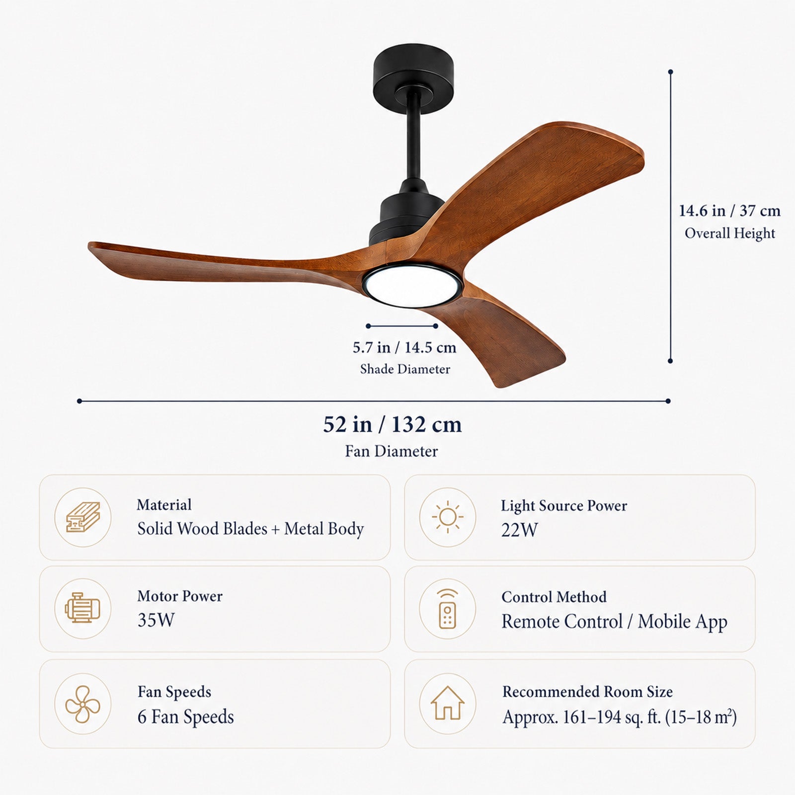 Ventilateur de Plafond Intelligent 52" avec Éclairage – Télécommande/App, Ultra Silencieux, Pales en Bois Massif