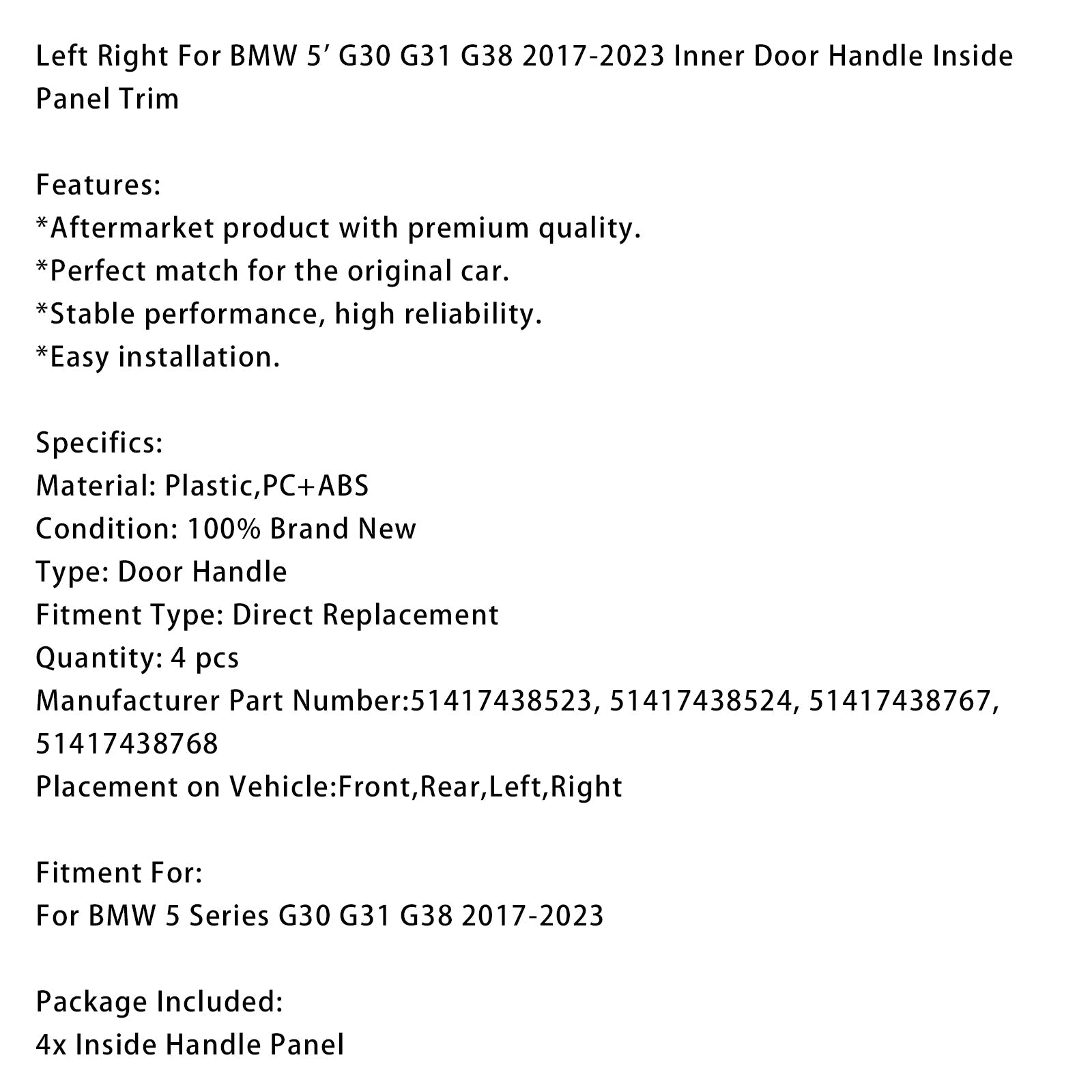 Garniture de panneau intérieur de poignée de porte pour BMW Série 5 G30 G31 G38 2017-2023