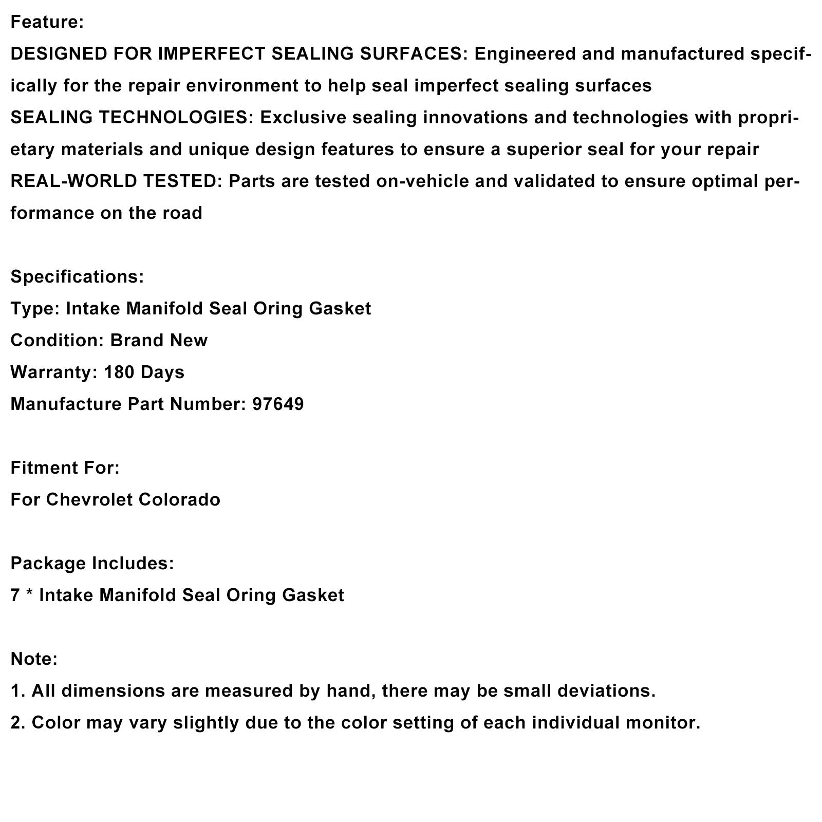 Joint torique d'admission d'air pour moteur Chevrolet Colorado, jeu de joints toriques 97649