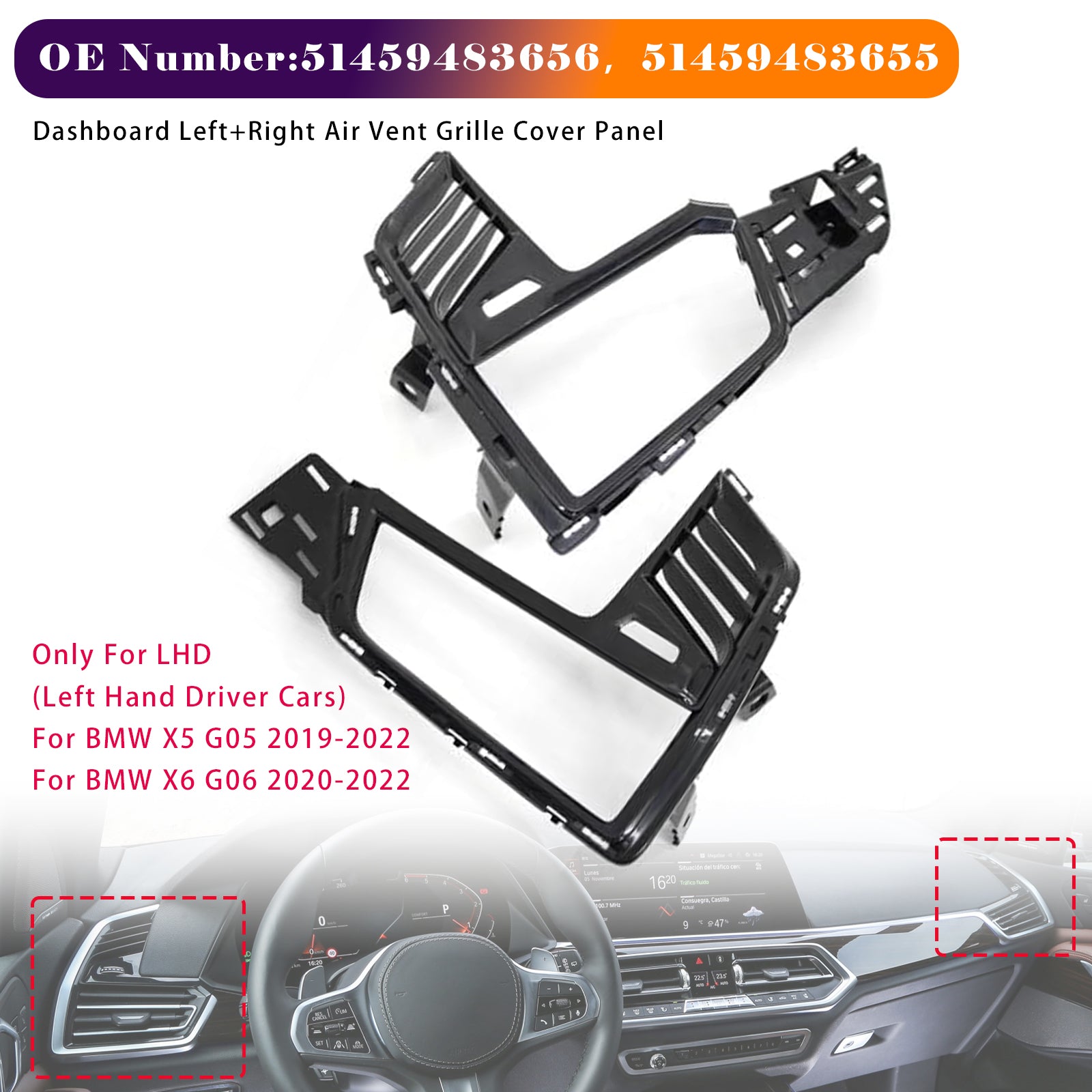 Salidas de aire izquierda y derecha del salpicadero del BMW X6 G06 (2020-2022) - Números de pieza :51459483656 y 51459483655